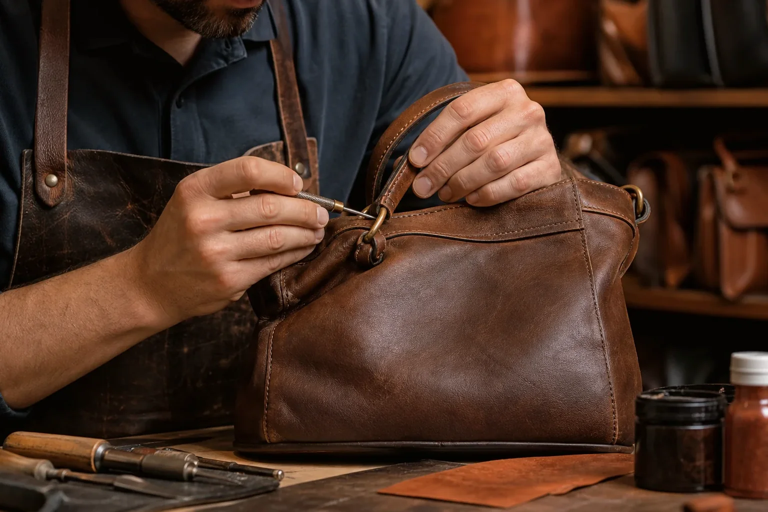 Sapateiro trabalhando na reforma de uma bolsa de couro.